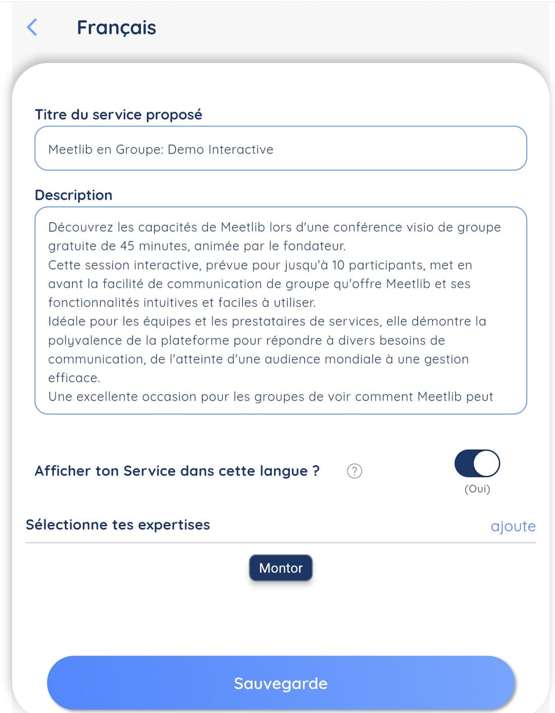 Détails du Service dans une langue